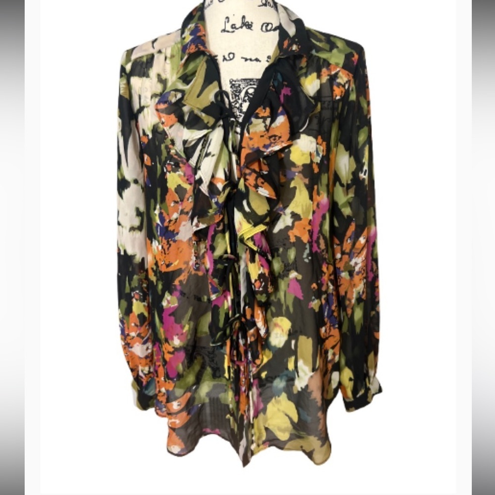 Cabi Top multicolor black floral cascade ruffle tie-front semi-sheer blouse - Picture 5 of 9